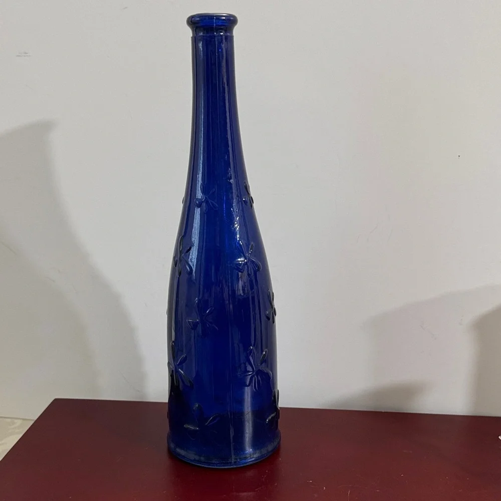 Vintage IKEA Cobalt Blue Glass Bottle Vase.Flower motif, designed by Emma Dafnäs